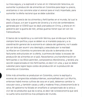 El presidente Gustavo Petro aseguró que se debe producir más alimentos para reducir los precios - crédito @petrogustavo/X