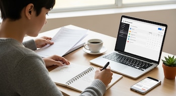Una persona usa una computadora portátil con aplicación de gestión de tareas, un cuaderno, un teléfono móvil, papeles y una taza de café en un escritorio.