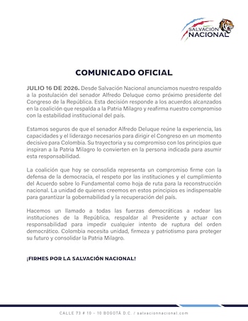 Comunicado Partido Salvación Nacional - crédito X