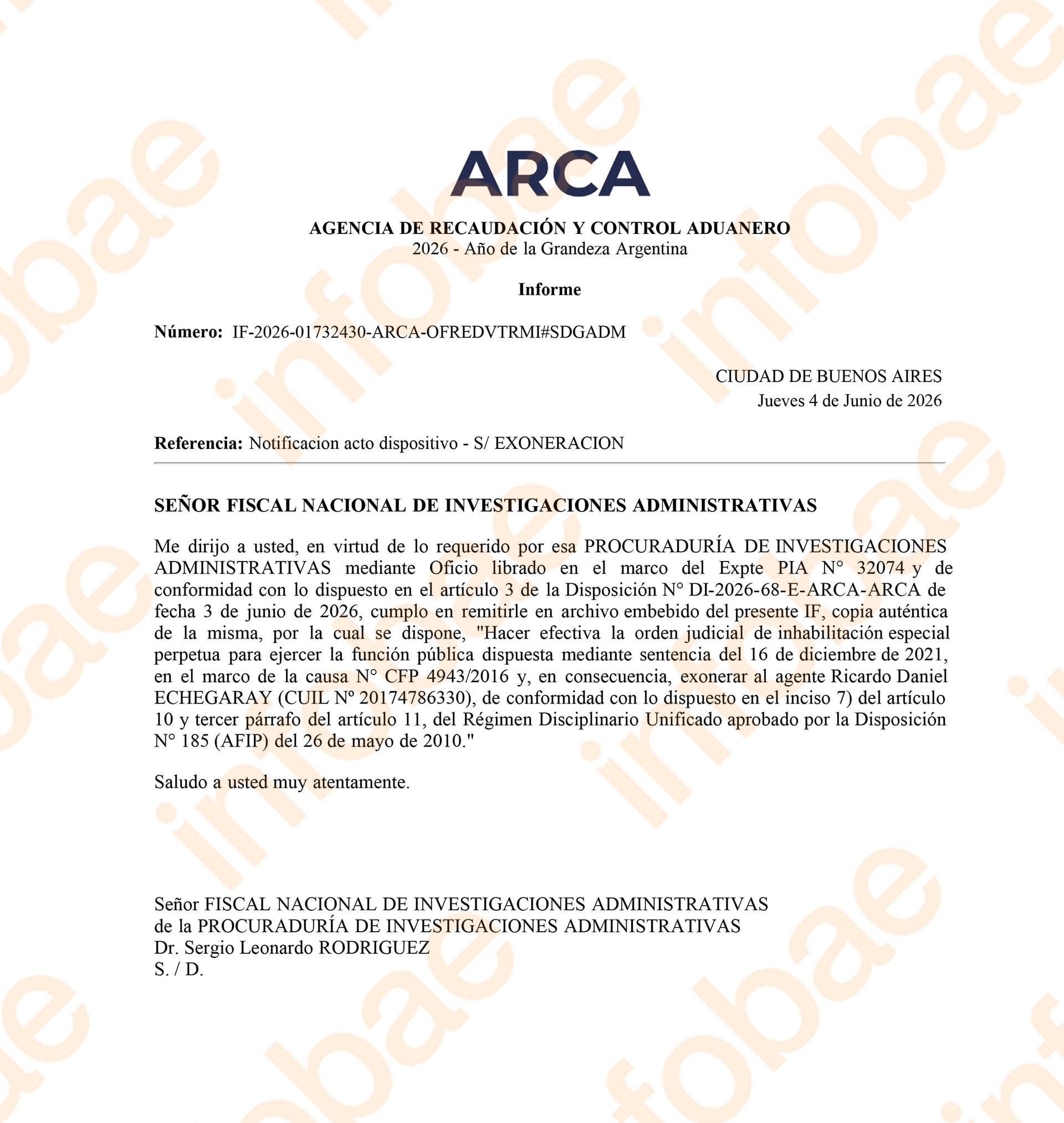 La Agencia de Recaudación y Control Aduanero notificó oficialmente la exoneración de Ricardo Echegaray
