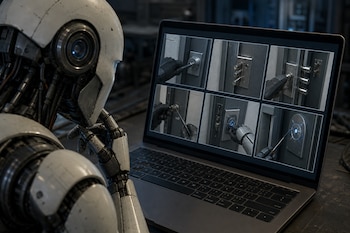 Un robot blanco observa una computadora portátil con seis recuadros en pantalla que muestran cerraduras metálicas y herramientas.