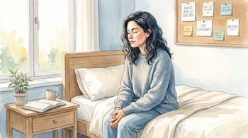 Ilustración de acuarela de una persona sentada en el borde de una cama, con los ojos cerrados y manos cruzadas, en un dormitorio con ventana y tablero de corcho.