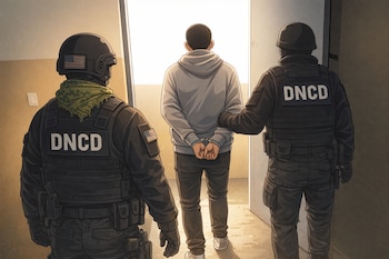 Imagen animada que muestra a dos agentes de la DNCD, con uniformes oscuros y chalecos, escoltando a una persona esposada de espaldas, vestida con suéter gris.