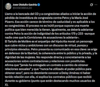 José Obdulio Gaviria - crédito @JOSEOBDULIO/X