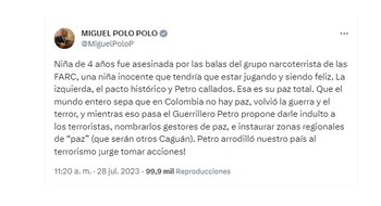 El representante a la Cámara arremetió contra el presidente Gustavo Petro luego de conocerse la muerte de una menor durante un combate entre el Ejército Nacional y las disidencias de las Farc - crédito @MiguelPoloP / X