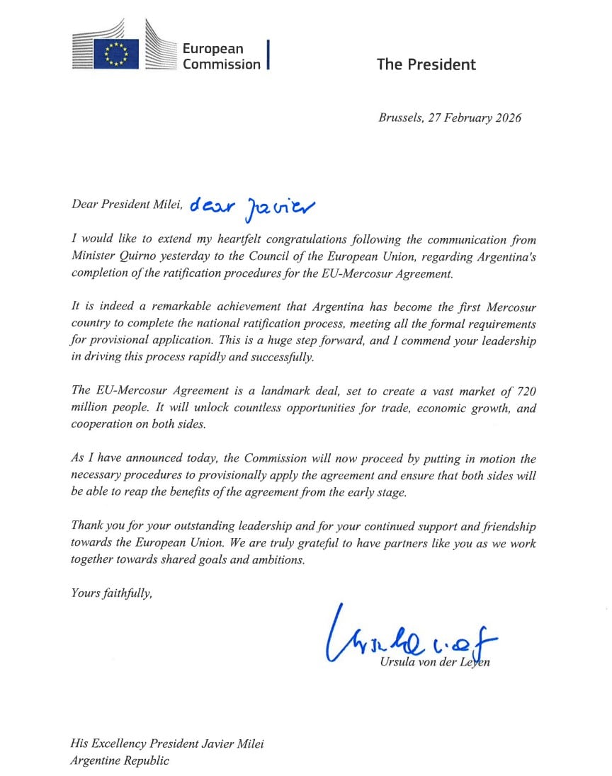 La carta de Von der Leyen a Milei