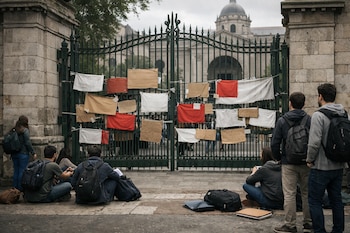 Vista de estudiantes sentados y de pie frente a un gran portón de hierro cubierto de pancartas rojas y blancas, con un edificio histórico abovedado al fondo.