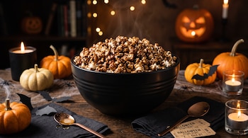 Tazón negro con palomitas oscuras sobre una mesa de madera decorada con calabazas pequeñas, velas encendidas, murciélagos de papel y entradas.