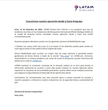 Comunicado de Latam por cierre del aeropuerto de Arequipa