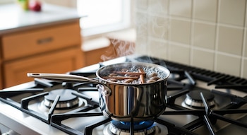 Olla pequeña de metal en una estufa con llama azul, hirviendo agua con ramas de canela y trozos de nuez moscada, desprendiendo vapor.