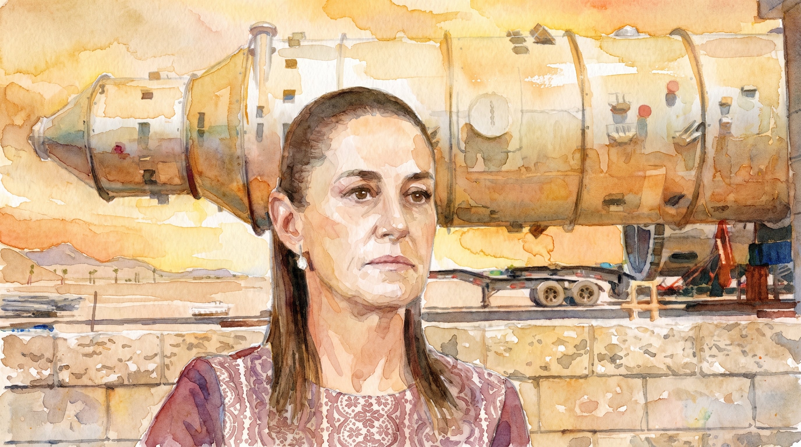 La composición en acuarela representa a Claudia Sheinbaum, con un pendiente visible, frente a una gran estructura cilíndrica de tonos tierra y un paisaje desértico, sobre una base de ladrillos. (Imagen Ilustrativa Infobae)