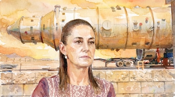 Ilustración acuarela de una mujer con blusa estampada y pendiente. Detrás, una estructura cilíndrica grande sobre un tráiler en un paisaje desértico.
