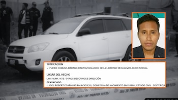 Una camioneta SUV blanca con policías borrosos de fondo. Superpuestos, un retrato de hombre y un documento policial que incluye "Joel Robert Carhuas Palacios"