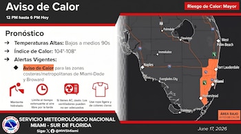 Infografía del Servicio Meteorológico Nacional sobre un aviso de calor mayor en el sur de Florida, con un mapa destacando Miami-Dade y Broward en naranja.