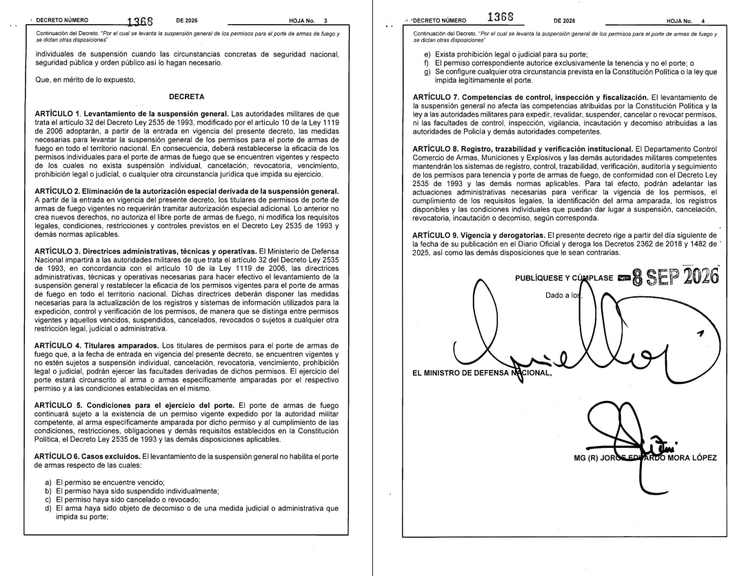 El Decreto 1368 restablece los permisos de porte vigentes sin suspensiones ni restricciones, pero no habilita el libre porte ni revive permisos vencidos - crédito Dapre