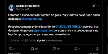 El senador del Centro Democrático Andrés Forero advirtió que la demora en nombrar al ministro de Salud puede afectar el plan de gobierno - crédito X