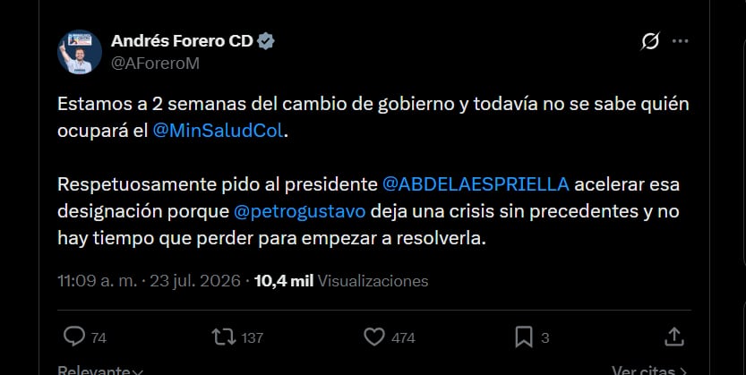 El senador del Centro Democrático Andrés Forero advirtió que la demora en nombrar al ministro de Salud puede afectar el plan de gobierno - crédito X