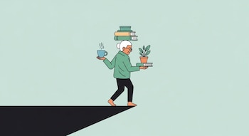 Ilustración plana de una persona mayor con cabello blanco y gafas, caminando descalza sobre un borde negro, equilibrando libros en su cabeza y una taza y planta en sus manos.
