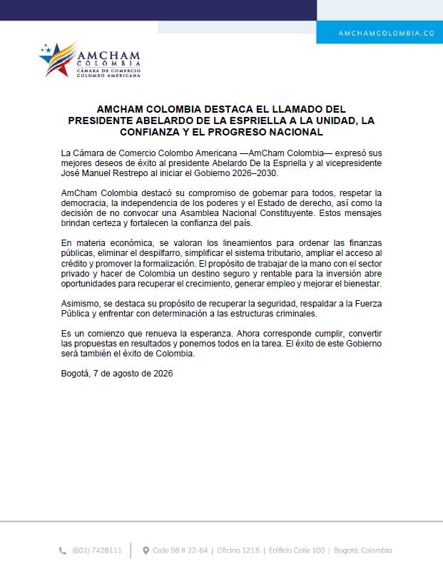 La Cámara de Comercio Colombo Americana mostró su apoyo al presidente Abelardo de la Espriella, tras su discurso de posesión - crédito @mclacouture/X