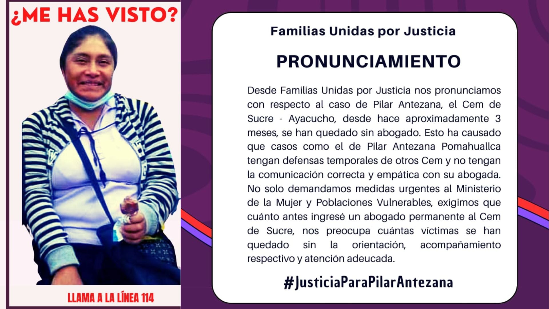 La familia de Pilar Antezana, víctima de feminicidio, denuncia que no hay abogados en el CEM de Sucre, en Ayacucho, que los ayuden con la defensa del caso. (Familias Unidas por Justicia)