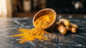 Un cuenco de madera derramado con cúrcuma en polvo, raíces de cúrcuma y granos de pimienta negra sobre una superficie de mármol negro.