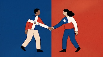 Una ilustración con dos figuras, una con la bandera de República Dominicana y otra con la bandera de Chile, estrechando sus manos.