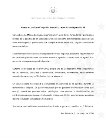 Documento emitido por la Dirección General de Centros Penales confirmando el fallecimiento de Carlos Ernesto Mojica Lechuga, alias “Viejo Lin”, a causa de un fallo multiorgánico tras complicaciones graves de salud (Cortesía @PenalesSV).