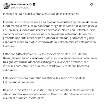 Bernie Moreno aseguró que el mundo será testigo de la lucha por la democracia en una de sus formas más puras y hermosas - crédito @BernieMoreno/X