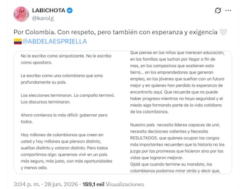Karol G etiquetó a Abelardo de la Espriella para que leyera su carta - crédito Karol G / X