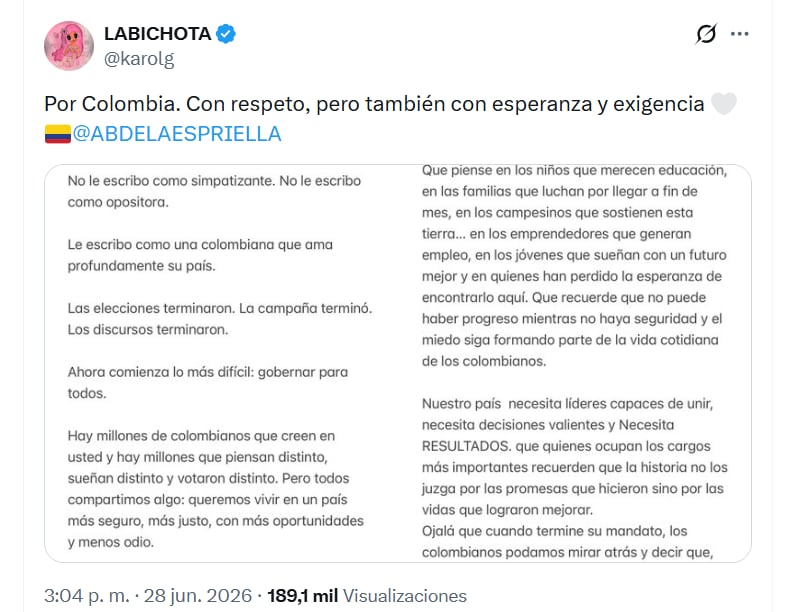 Karol G etiquetó a Abelardo de la Espriella para que leyera su carta - crédito Karol G / X