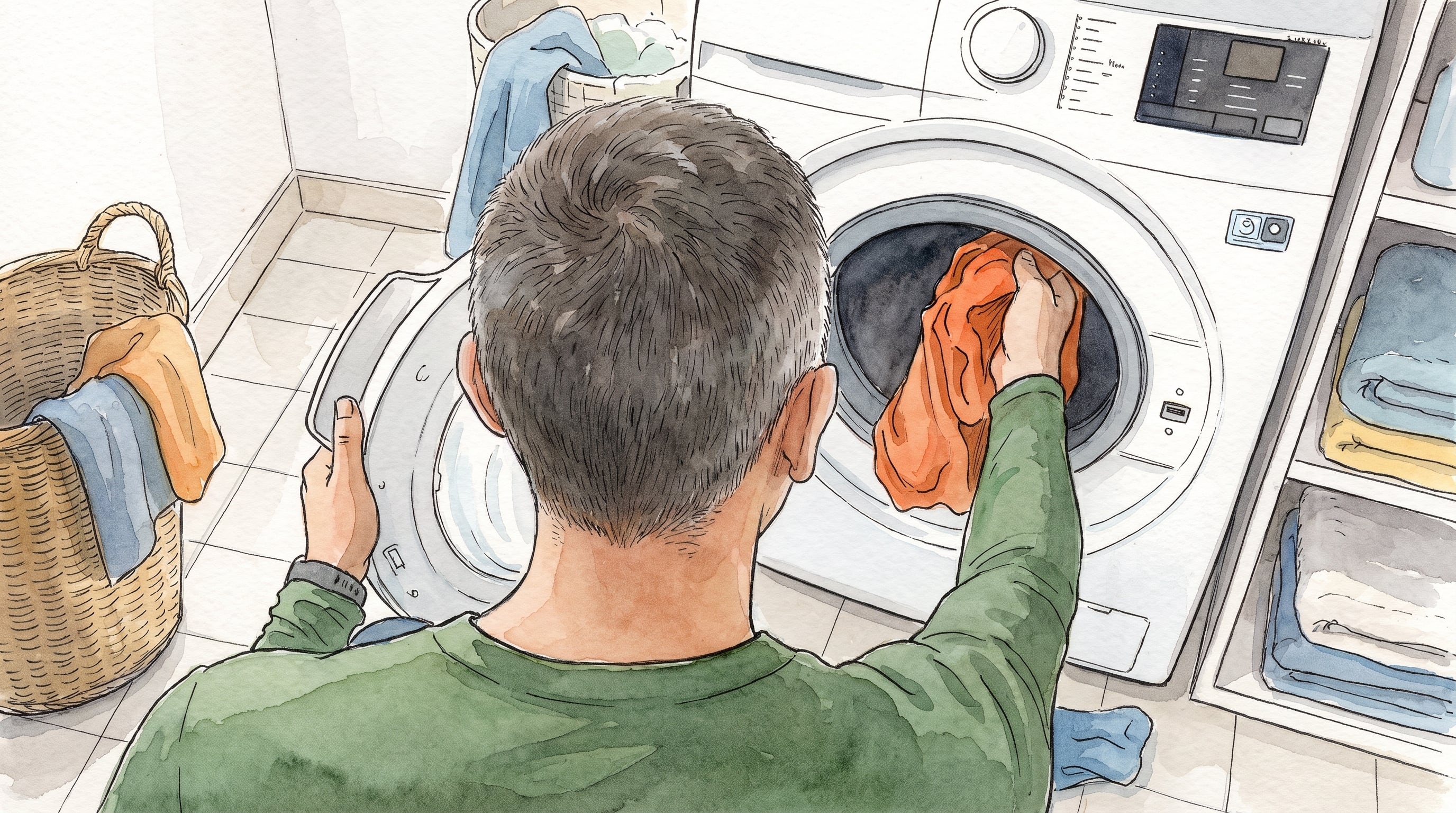 Un hombre introduce prendas de vestir de color naranja en el tambor de una lavadora dentro de una lavandería doméstica. (Imagen Ilustrativa Infobae)