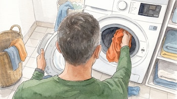 Ilustración en acuarela de un hombre de espaldas metiendo una prenda naranja en una lavadora blanca junto a cestos con ropa.