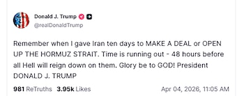 Captura de pantalla de un tuit de Donald J. Trump con texto sobre Irán, el Estrecho de Ormuz y un ultimátum de 48 horas, fechado el 4 de abril de 2026