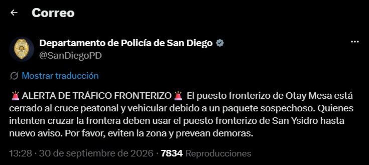 Un paquete sospechoso obligó a cerrar un paso fronterizo entre Estados Unidos y México
