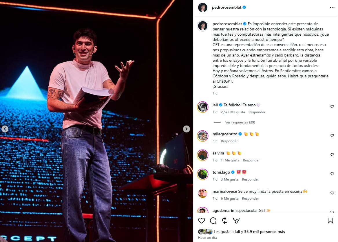 Las palabras de Pedro Rosemblat por el estreno de Get, su unipersonal (Instagram)