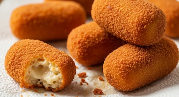 Primer plano de varias croquetas recién fritas, de color dorado intenso, sobre papel absorbente. Una croqueta está rota mostrando su relleno cremoso y blanco.