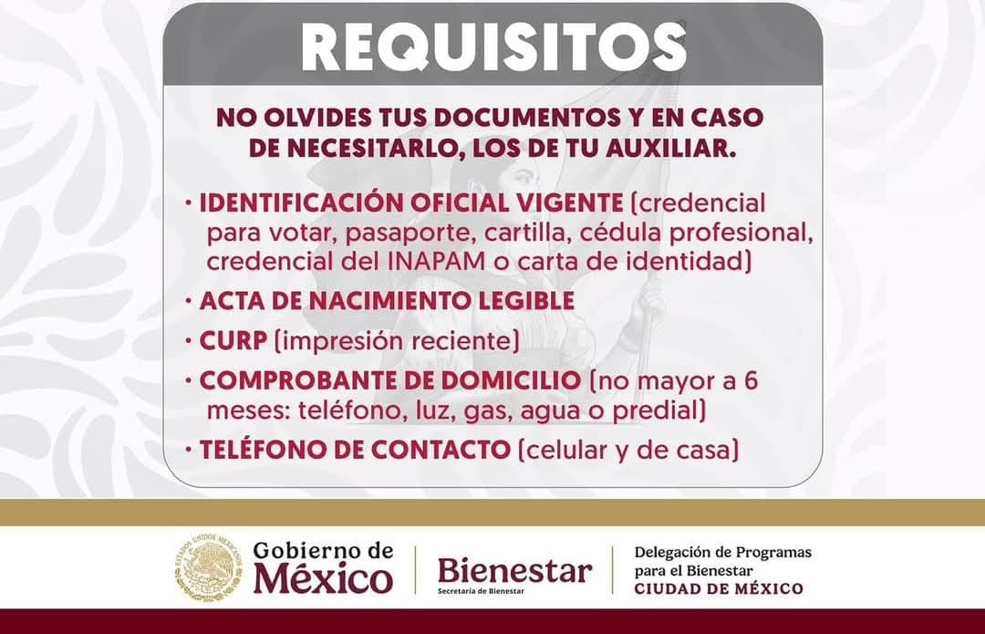 Estos son los documentos que deben llevar la personas para tramitar la Pensión Mujeres Bienestar. Foto: Secretaría del Bienestar.