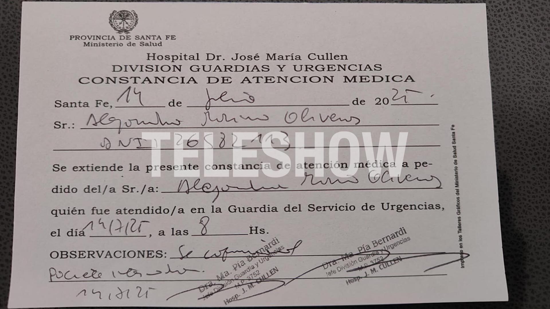 La constancia de atención médica de Locomotora Oliveras