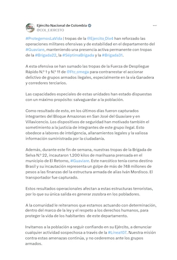 Trino del Ejército por la situación en el Guaviare. (Crédito: @COL_EJERCITO / X)