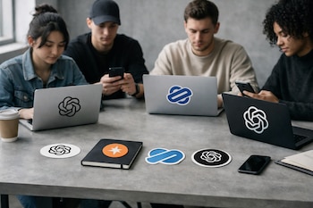 Cuatro jóvenes adultos sentados alrededor de una mesa de trabajo utilizando laptops y smartphones. Se aprecian logos de ChatGPT, Gemini, Claude y OpenAI en stickers y pantallas.