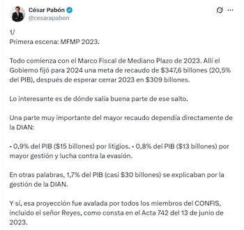 César Pabón, director de Investigaciones Económicas de Corficolombiana, dijo que el Gobierno fijó para 2024 una meta de recaudo de $347,6 billones - crédito @cesarpabon/X