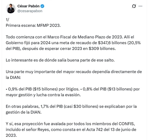 César Pabón, director de Investigaciones Económicas de Corficolombiana, dijo que el Gobierno fijó para 2024 una meta de recaudo de $347,6 billones - crédito @cesarpabon/X