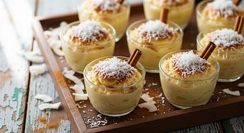 Varios vasitos de natilla de camote y coco decorados con coco rallado, canela en polvo y ramas de canela, sobre una bandeja de madera rústica y una mesa de madera.