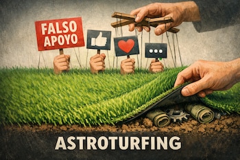 Mano controla marionetas con carteles de "FALSO APOYO" y símbolos de redes. Otra mano levanta césped artificial sobre billetes y un engranaje. Texto: ASTROTURFING.