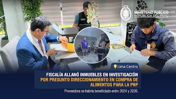 Personas revisando carpetas y documentos sobre un escritorio, con el logotipo del Ministerio Público del Perú y un texto informativo