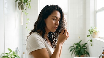 Primer plano de una mujer Latina de perfil, con los ojos cerrados, oliendo su cabello oscuro y rizado recién lavado, en un baño blanco.