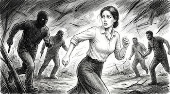 Dibujo en blanco y negro que muestra a una mujer con expresión de pánico huyendo de varios hombres, algunos enmascarados, en un paisaje oscuro.