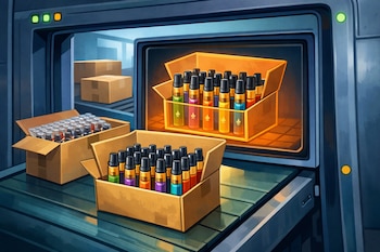 Máquina de rayos X mostrando cajas con cartuchos de vapeador de THC de colores y otros cartuchos plateados en una cinta transportadora.