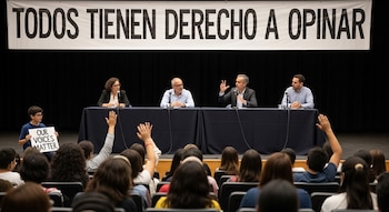 Cuatro panelistas sentados en un escenario frente a una audiencia de estudiantes con manos levantadas. Un niño sostiene un cartel que dice 'OUR VOICES MATTER'.