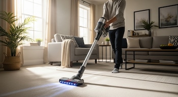 Un hombre aspira la alfombra de una sala luminosa con una aspiradora inalámbrica gris y negra, iluminando el suelo con luces LED azules.